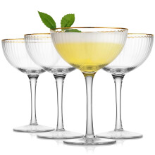 Crystal Coupe Glasses with Gold Rim, Vintage Fluted HandBlown Barware for Cocktails, 10.7oz Set of 4