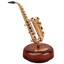 Gold Plated Miniature Saxophone Music Box with Wooden Base, 20cm Decorative Gift Display