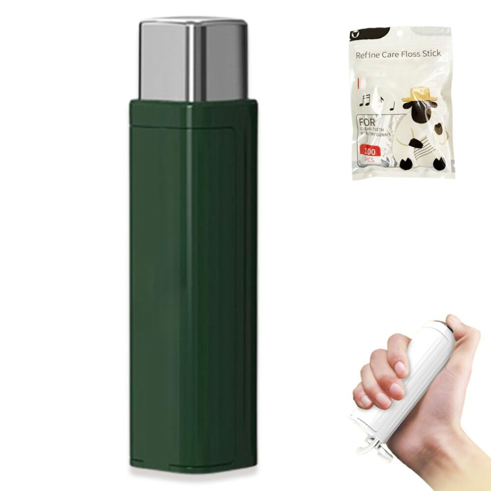Green Floss Pick Dispenser With 100 Picks, Compact Travel Holder, Automatic Hygienic Storage,
