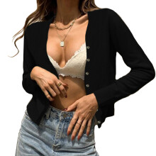 Women's Button Down V-Neck Long Sleeve Open Front Cardigan Sweater Lightweight Cropped Knit Bolero Shrug Stylish Design Comfortable Elastic Fabric