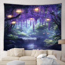 Purple Wisteria Wall Tapestry Enchanted Forest Waterfall Fairy Tale Room Decor 59x51 Inch