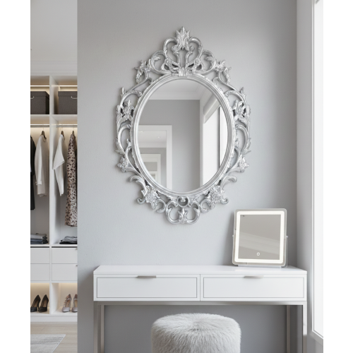 New Ornate Baroque Oval Wall Mirror Silver 69x48Cm 1
