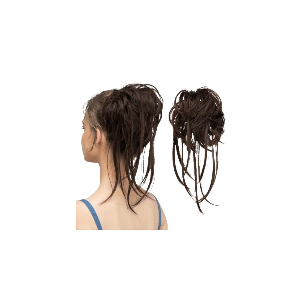 Messy Bun Hair Piece with Curly Wavy Strands, Medium Brown Hair Bun Extension for Instant Volume