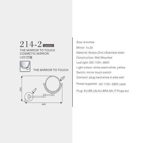 Wall Mounted Makeup Mirror with Light, Extendable Arm, Touch Switch Bathroom Vanity Mirror 2