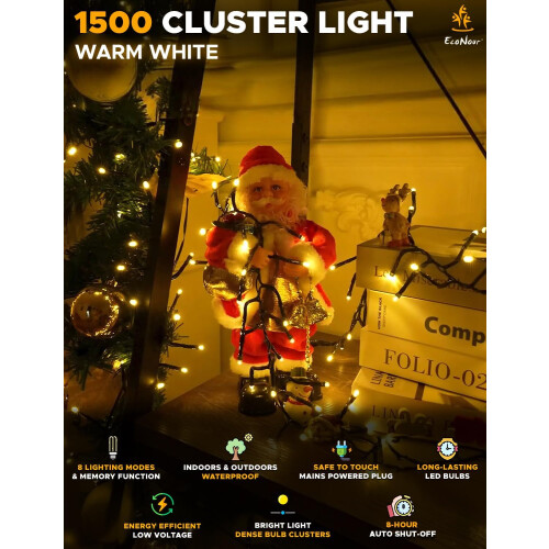 62Ft 1500 LED Christmas Cluster Lights Warm White, 8 Modes, Timer, Memory, IP44 Waterproof 1