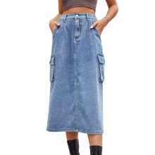 Vintage Denim Skirts For Women Elastic Waist Midi Length A Line Button Front Lightweight Denim Casual With Large Pockets For Daily Life