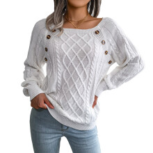 Women's Knit Sweater Crewneck Long Sleeve Oversized Loose Fit Drop Shoulder Twist Knit Pullover Button Jumper Fashion Tops for Casual Formal Events