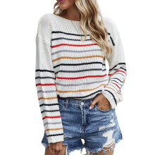 Pull rayé en maille pour femme, style décontracté et tendance, poignets et ourlet côtelés, col rond, manches longues, pull oversize en grosse