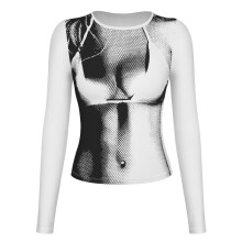 Women's Navel Exposed Crop Top, 3D Body Printed Long Sleeve T Shirt with Versatile Chic Style, Soft and Comfortable Fabric for Everyday Fashion