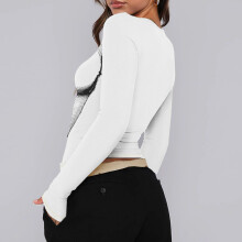 3D-gedruckte enge Bluse für Damen, Weiß, Größe L, Bauchnabel frei
