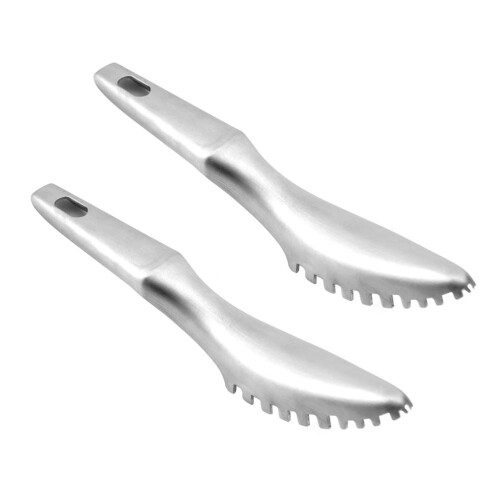 2Pièces Écailleur Poisson Acier Premium Manche Antidérapant Argenté 2