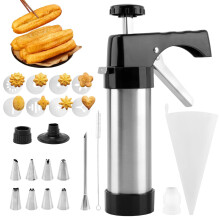 Stainless Steel Churro Maker Kit with 8 Piping Nozzles and Cookie Press Discs, Black Silver