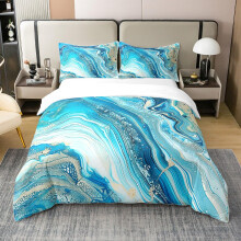 100% Cotton Twin Duvet Cover Set Sky Blue Marble Pattern Soft Breathable Bedding with Pillowcase