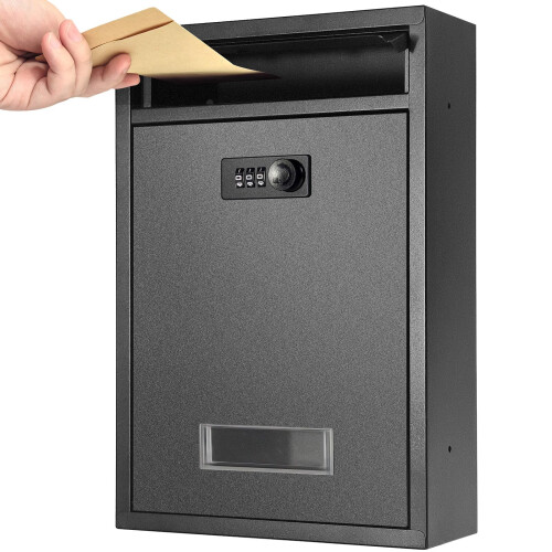 Wall Mount Locking Mailbox with Combination Lock, Steel Secure Outdoor Mailbox for Home and Office, Black