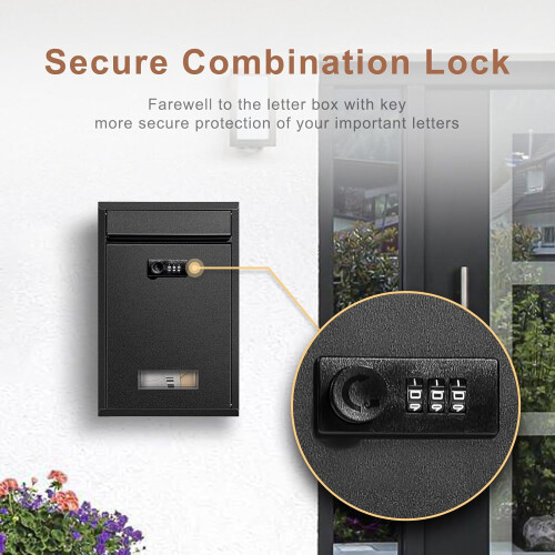 Wall Mount Locking Mailbox with Combination Lock, Steel Secure Outdoor Mailbox for Home and Office, Black 1