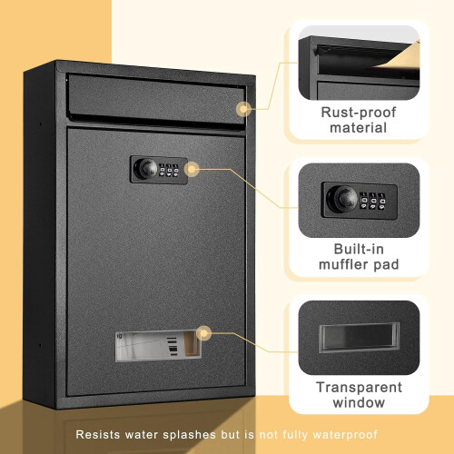 Wall Mount Locking Mailbox with Combination Lock, Steel Secure Outdoor Mailbox for Home and Office, Black 2