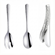 Stainless Steel Salad Serving Set with Hammered Finish, Large Durable Spoon Fork and Tongs