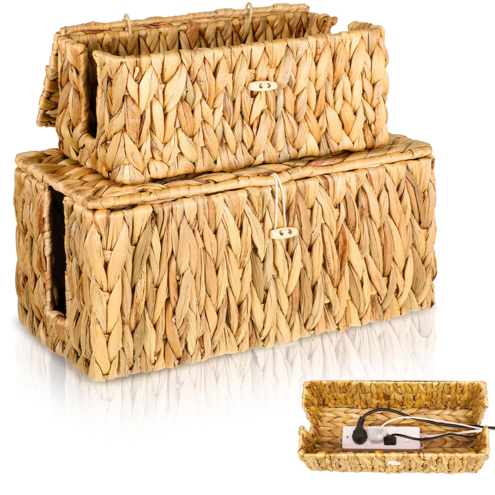 Cable Management Box With Lid 2 Pack Water Hyacinth Wicker Cord Organizer With Dual Side Entry For Desk And Floor 9174973933731