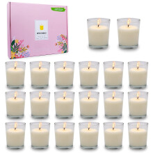 20 Pack Unscented White Votive Candles in Glass, Soy Wax Clean Smokeless Burn, 15 Hour Long Lasting