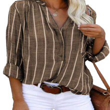 Women's Color Block Long Sleeve Button Down Shirt V Neck Loose Fit Soft Cotton Blend Top for Work Leisure Outdoor Events