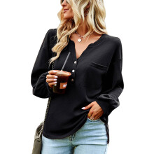 Damen-Henley-Top aus Waffelstrick, langärmlig, V-Ausschnitt, Knopfleiste, Oversized-Passform, weiches, atmungsaktives Material, Business Casual,
