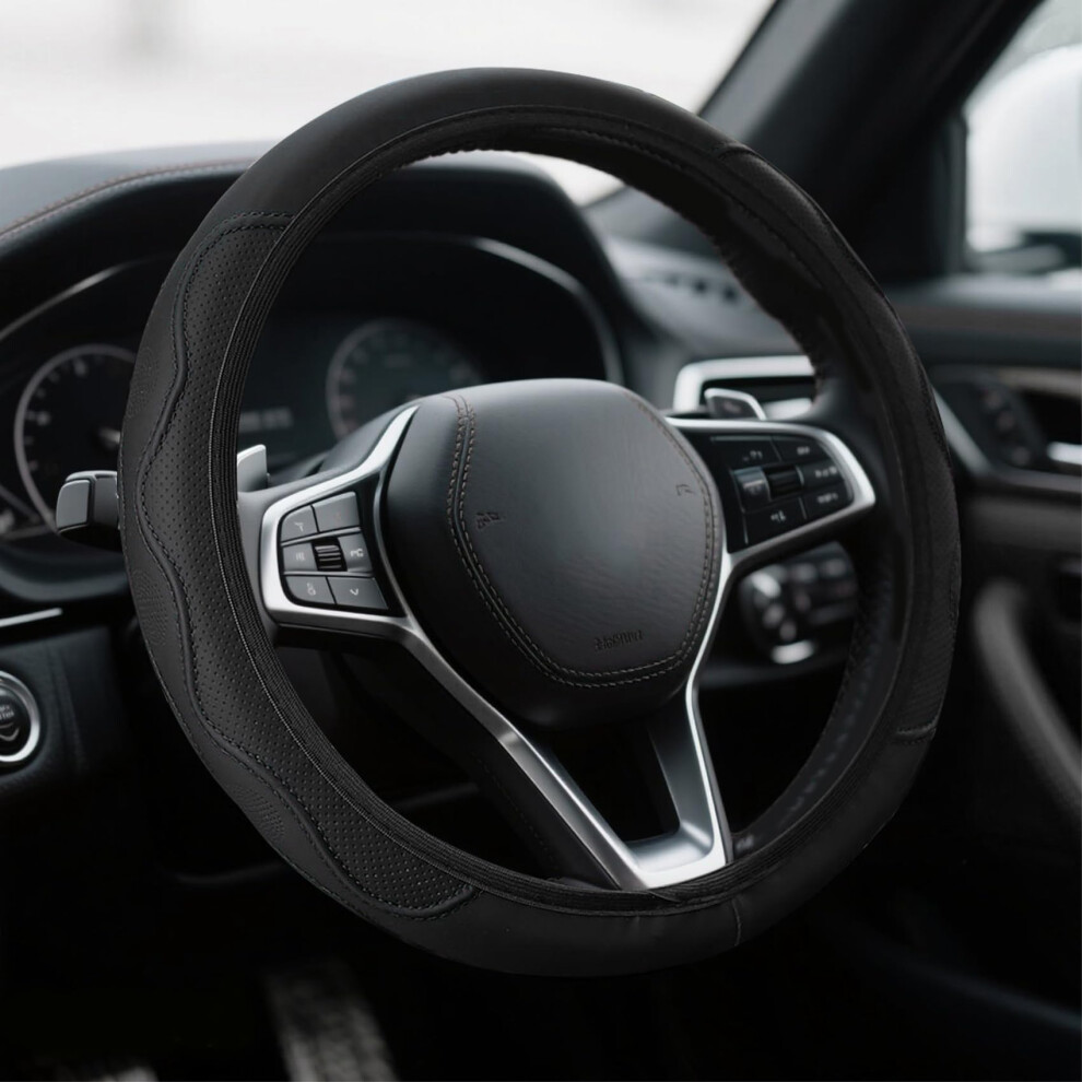 Steering Wheel Cover Leather Protector 14.515 Inch Universal Fit Antislip Breathable Black 9169991068473