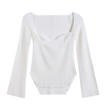 Women's Lantern Sleeves Ribbed Knit Sweater Long Sleeve Slim Fit Pullover Warm Cozy Square Neck Solid Color Stretchable Fabric Asymmetrical Hem