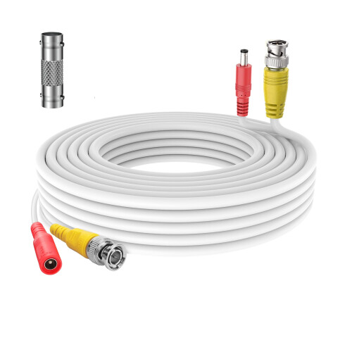 25ft White BNC Video Power Cable for CCTV Security Cameras with Universal Compatibility
