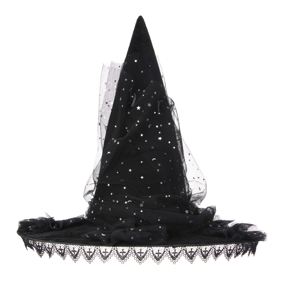 Black (One Size, ) Halloween Witch Hat For Women, Lace Trim Star Moon Sequin Wizard Hat Mesh Pointed Cap Witch Costume Accessories