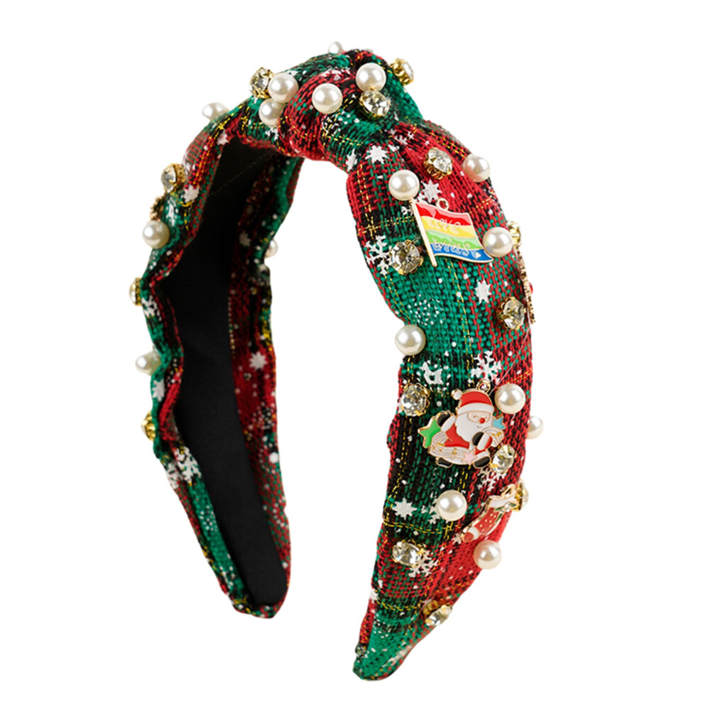 (17.5cm*14cm*6cm, Green) Christmas Headband Pearl Knotted Hairband with Santa Stocking Charms Holiday Headpiece for Women Girls