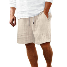 (L, Beige) Men Summer Casual Beach Shorts Fashion Stripe Loose Short Pants Drawstring Elastic Waist Athletic Shorts with Pockets