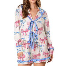 (L, Blue) Womens Shorts Pajama Set Heart/Bow/Lip Print Frill Trim Long Sleeve Tie Front Tops Drawstring Shorts