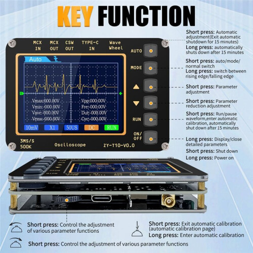 Digital Handheld Oscilloscope,Sampling Rate:3MS/S,Bandwidth:500kHz,AUTO Measurement,2.8-Inch LCD Screen,Rechargeable 2