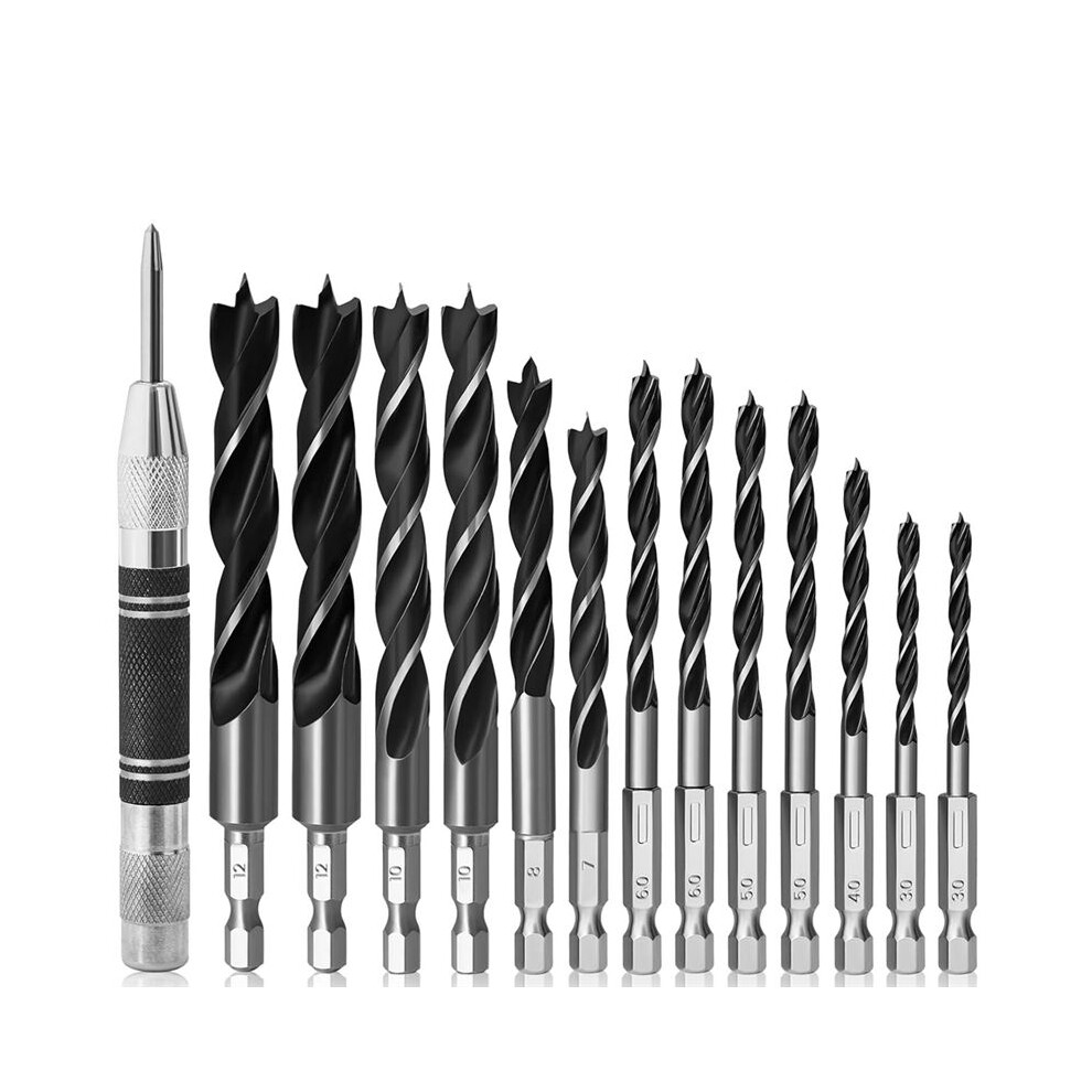 14Pcs Brad-Point Wood Drill Bit Set With Center Punch, With Double Flutes Design For Woodworking Carpentry Chipboard 4713140892249