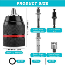 Keyless Drill Chuck, 1/2-20UNF Mount 1-13mm- Fits 3/8" SDS- Shank, 1/4" Hex Shank & 1/2" Impact Wrench Adapter