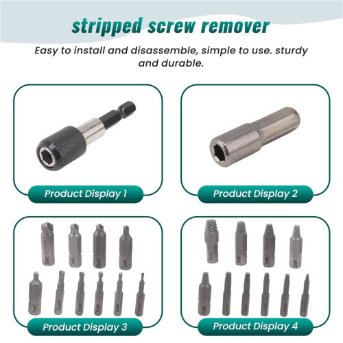 Damaged Screw Extractor Set,22 PCS Stripped Screw Extractor Kit, HSS Broken Screw Remover Set with Bit & Socket Adapter 1