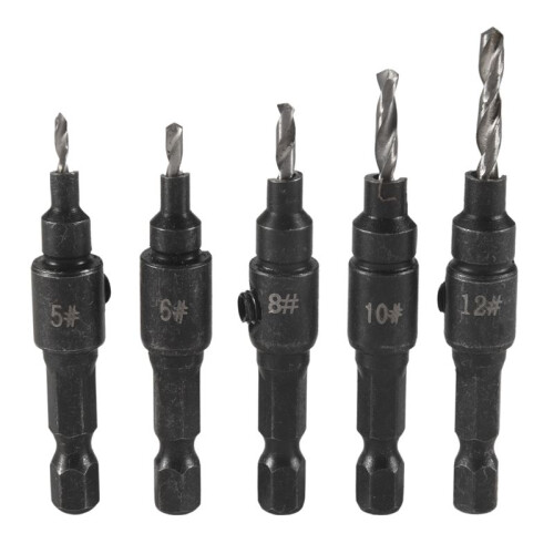 5-Piece Set of 3/8-Inch Quick-Change 82 Chamfer Adjustable Drill Bits,HSS Wood Drill Bits Sink Hole Drilling Tool Kit
