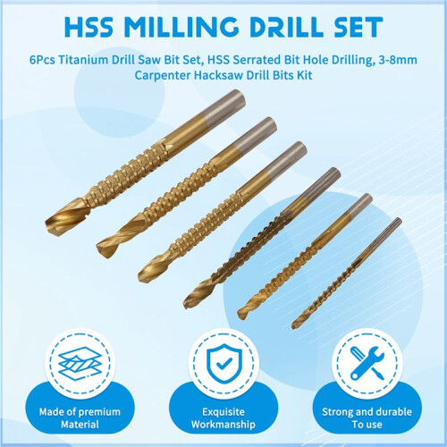 6Pcs Titanium Drill Saw Bit Set, HSS Serrated Bit Hole Drilling, 3-8mm Carpenter Hacksaw Drill Bits Kit 1