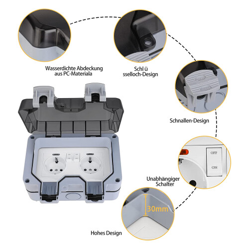 Outdoor Socket  Outdoor Wall Socket Garden Socket Surface-Mounted Protective with Hinged Lid EU Plug B 1