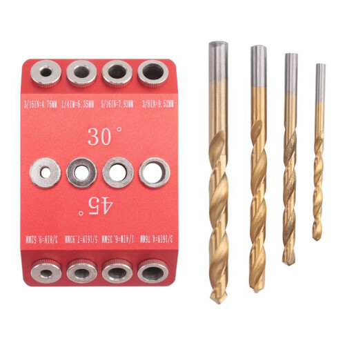 30/45/90 Angle Drill Hole Guide Jig for Angled and Straight Hole,Cable Railing Lag Screw Drilling Template,4 Drill Bits
