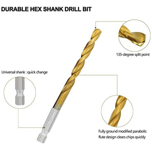 Titanium Hex Drill Bit Set 135 Degree Tip HSS Impact Drill Bit Set for Metal, Wood Quick Change Design 2