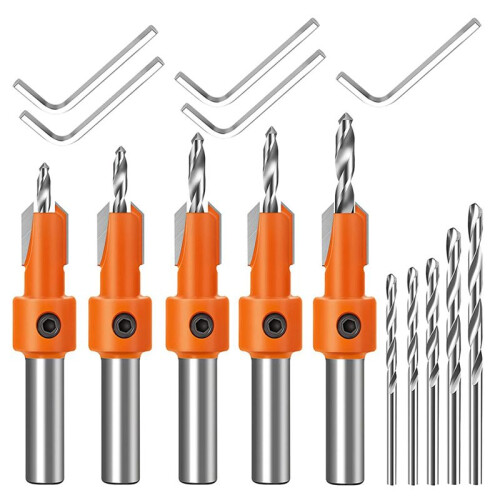 Countersink Drill Bit, 5Pcs Quick Change 8mm Adjustable Countersink Drill Bit Set with 5Pcs Replaceable Drill Bits