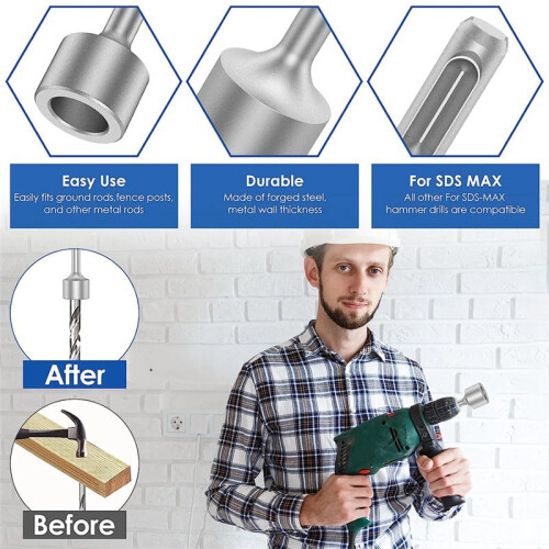 SDS- T Post Ground Rod Driver, Drill Bit Driver Durable Hammer Drill Rod Converter pour Hammer Drill Grounding Rods E