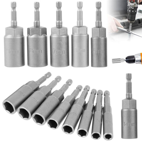 14Pcs Hexagonal Sockets Set, 6-19mm Deep Socket Adapter Kit Hex Shank Nut Driver Bits Set Quick Change Nut Setter 1