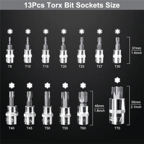 Conjunto de Soquetes Star Torx de 13 Unidades T8-T70 H2-H14, Soquetes CRV de 1/4 Polegadas, 3/8 Polegadas e Unidade de 1/2 Polegadas para Trabalho 2