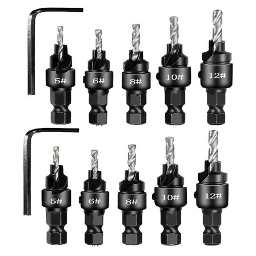 2 Setsx5pcs Countersunk Drill Hexagonal Handle Steel Hole Opener Set Wood Taper Hole Integrated Drill Bit Silver
