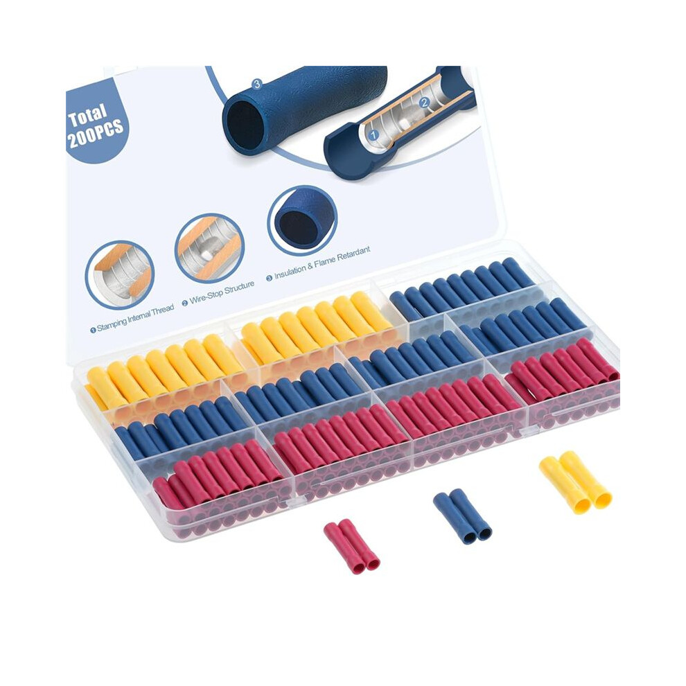200Pcs Wire Butt Splice Connectors Kit, 22-10 Awg Electrical Crimp Terminal Connector Fully Insulated Wiring 6031088601692