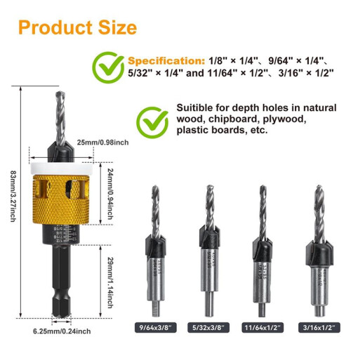 5 Pcs Countersink Drill Bit Set: Replaceable HSS M2 Tapered Bits - 82 Counter Bore with Adjustable Depth Stop 1