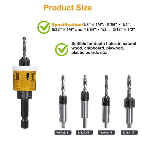 5Pcs Countersink Drill Bits Set with Low Friction Depth Stop, with 10Pcs Replacement HSS Drill Bit,Adjustable Depth Stop 2