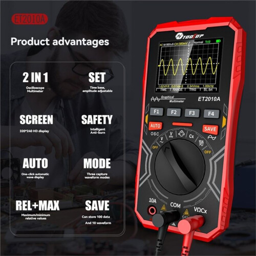 TOOLTOP ET2010A Digital Oscilloscope Multimeter 1Mhz 2.5MSps AUTO Oscilloscope AC/ 600V Graphcial Multimeter 2